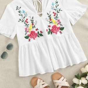 NWOT Embroidered Floral Print Self-Tie Peplum Top